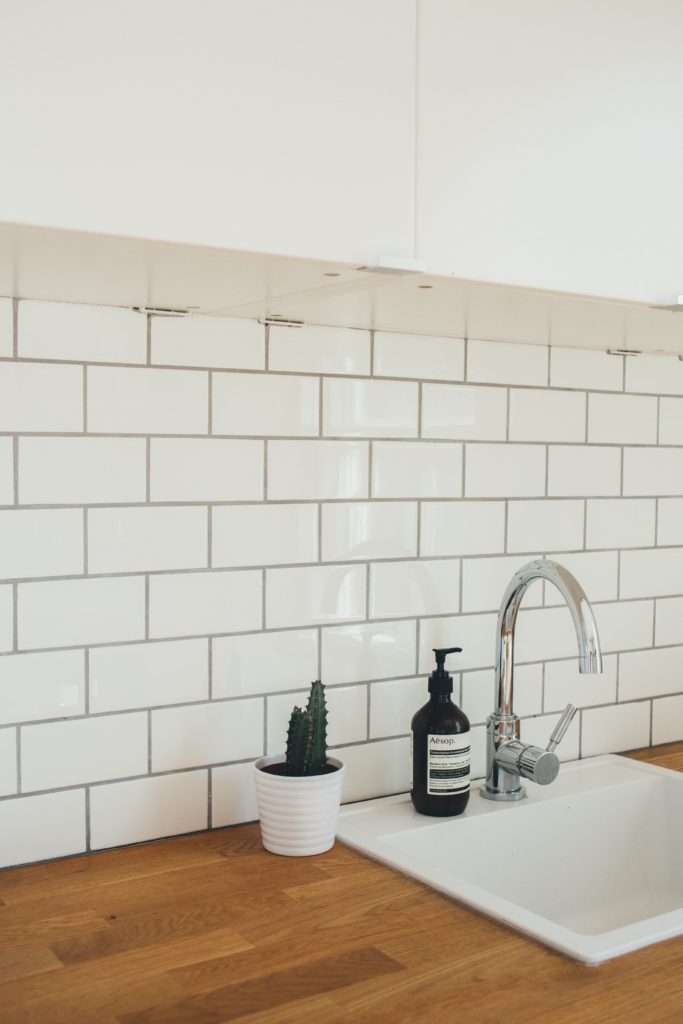 kitchen counter with subway tile